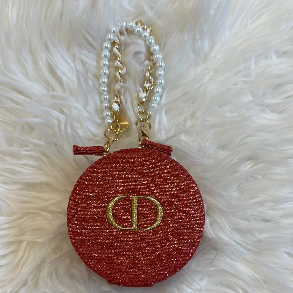 Dior Beauty Red and Gold Vanity Bag with Pearl Handle